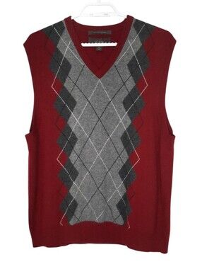 Tasso Elba Fine Cashmere Argyle Knit Vest Vneck Burgundy Grey Mens Size L Unisex